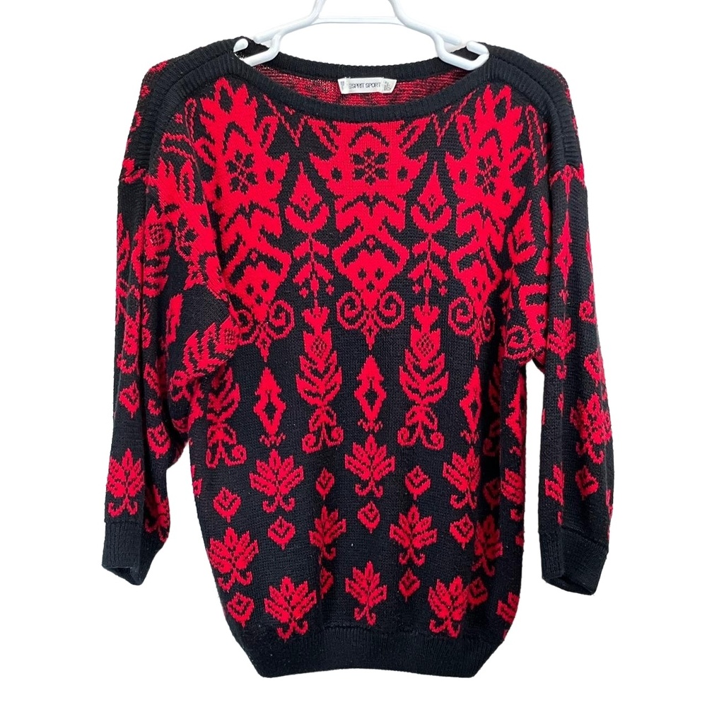 Vintage ESPRIT Sport Black Red 80s Geometric Knit Sweater Medium - Picture 2 of 8